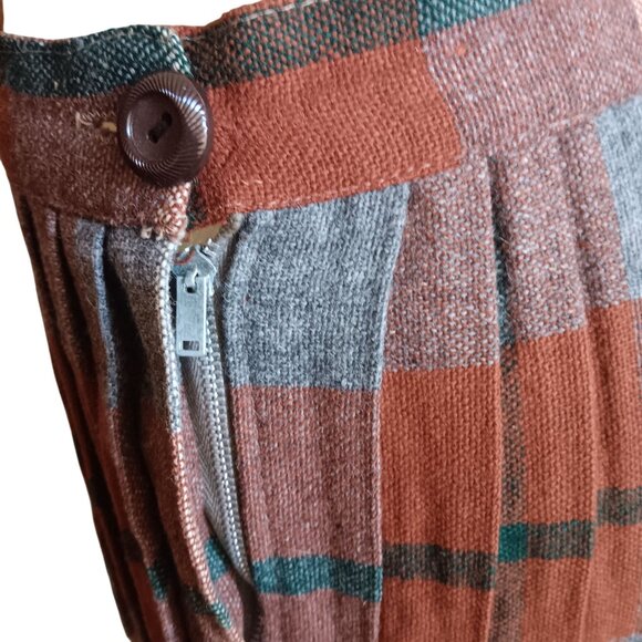 27W Medium Vintage Skirt 50's MCM Plaid Wool Pleated With Zip & Button Closure - Picture 4 of 7